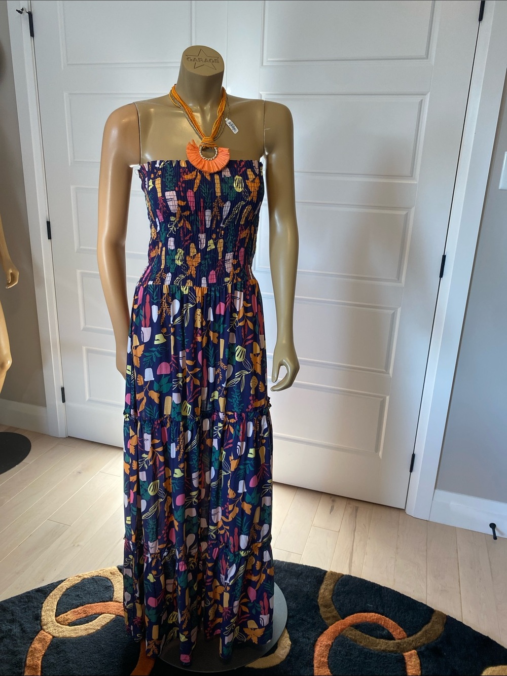 Smocked Strapless Maxi Dress in Navy Floral